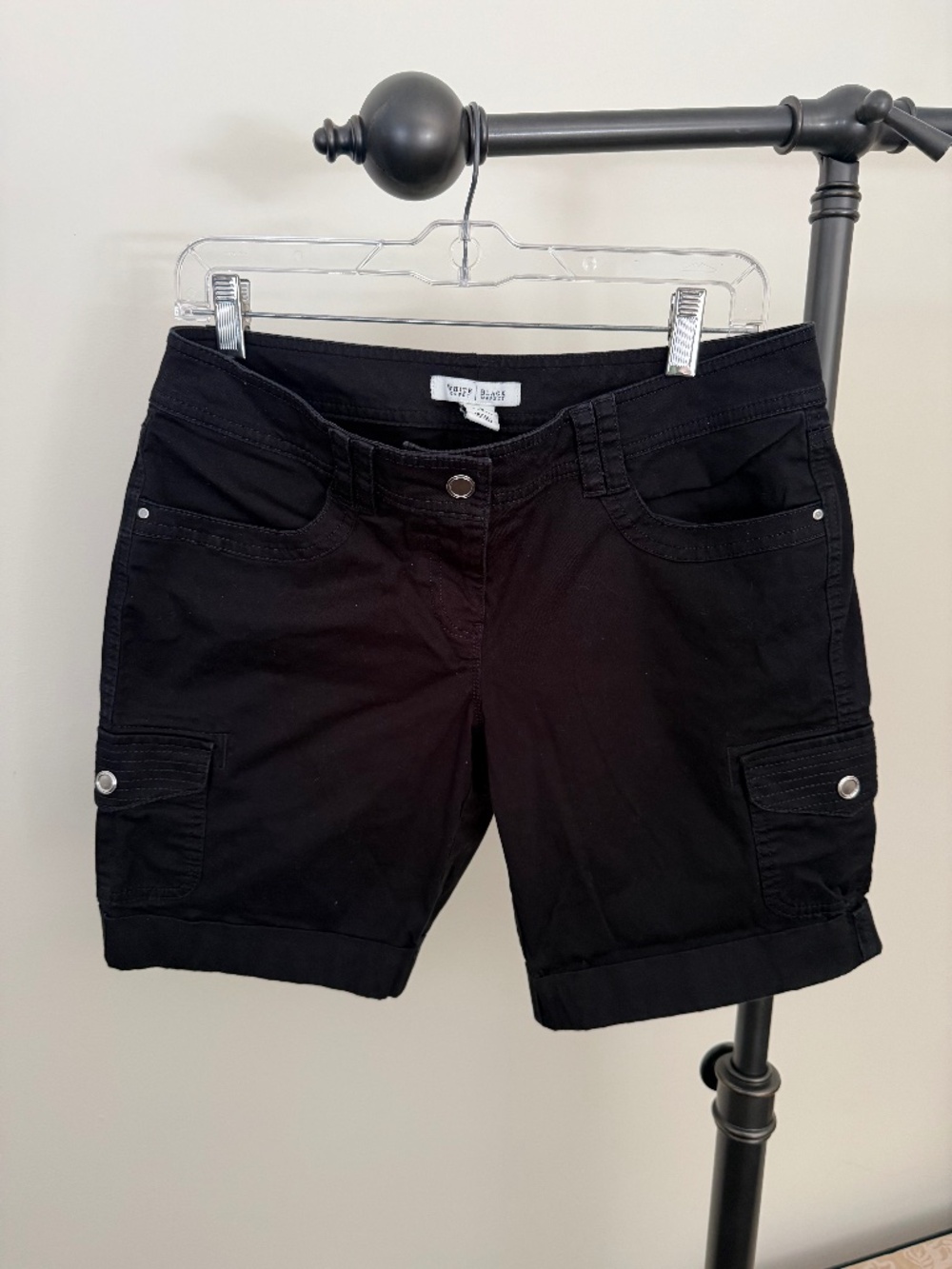 White House Black Market Black Cargo Bermuda Shorts Silver Button Detail